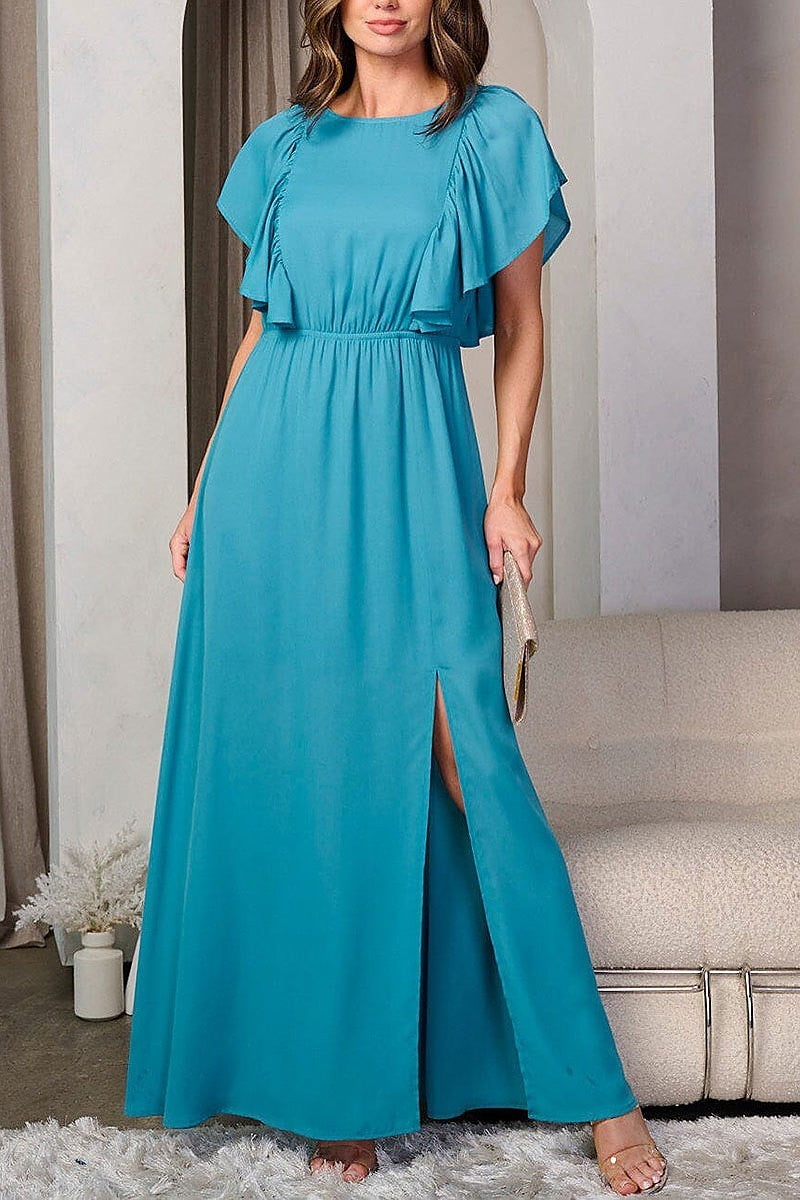 Short ruffle sleeve side slit maxi dress (EFWT8190)