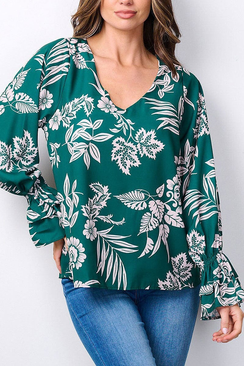 Long smock sleeves v-neck floral tunic blouse top (EFWT7482)