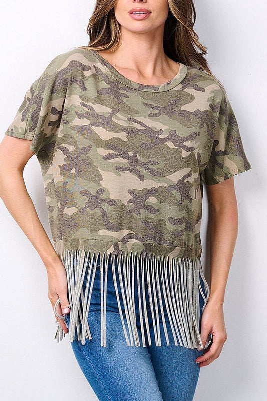 Short sleeve fringe camo print top (EFWT7610)