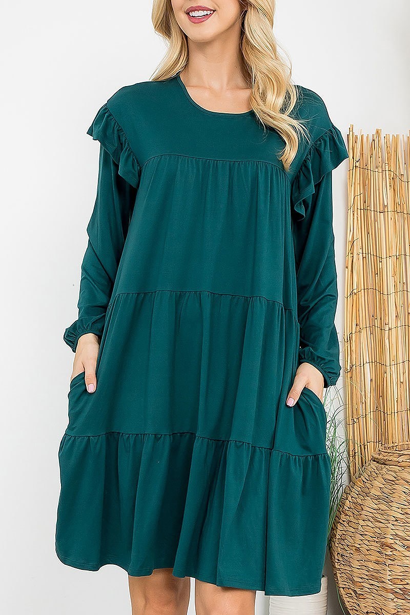 Long sleeve ruffle detail solid dress (DED8851)