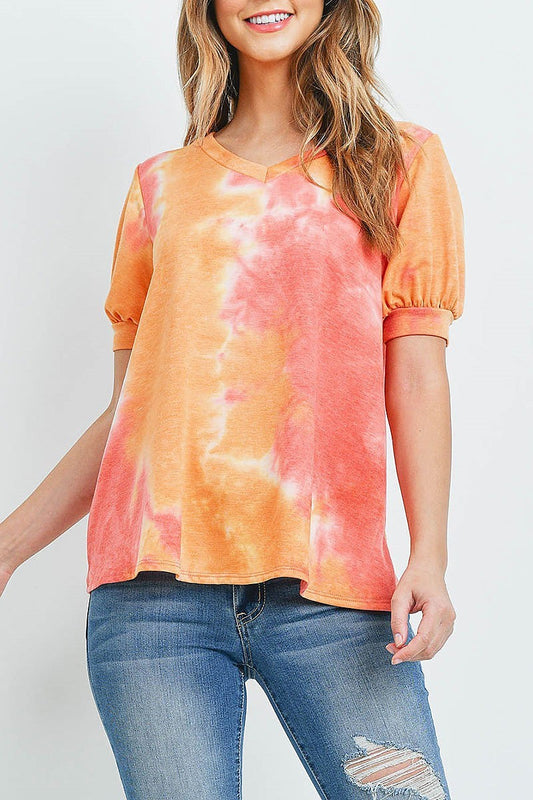 Puff sleeves v neck tie dye top (ED9163)