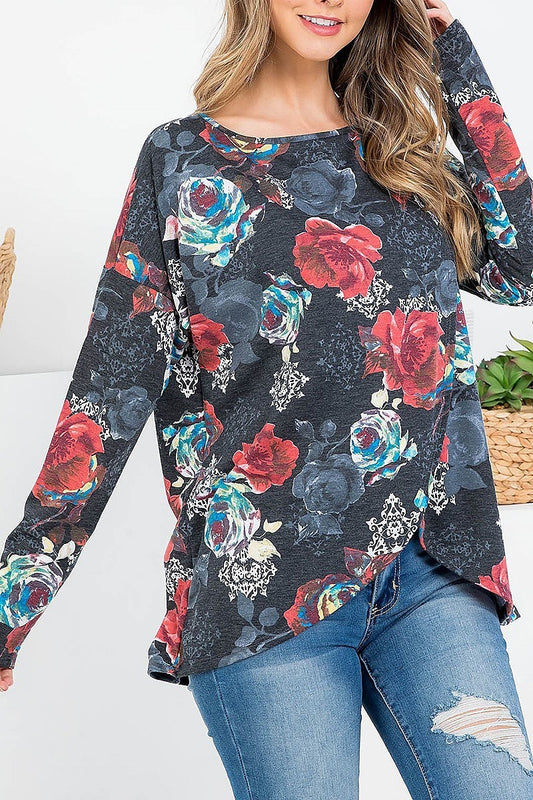 Floral print wrap front losoe fit tunic top (EF2441)