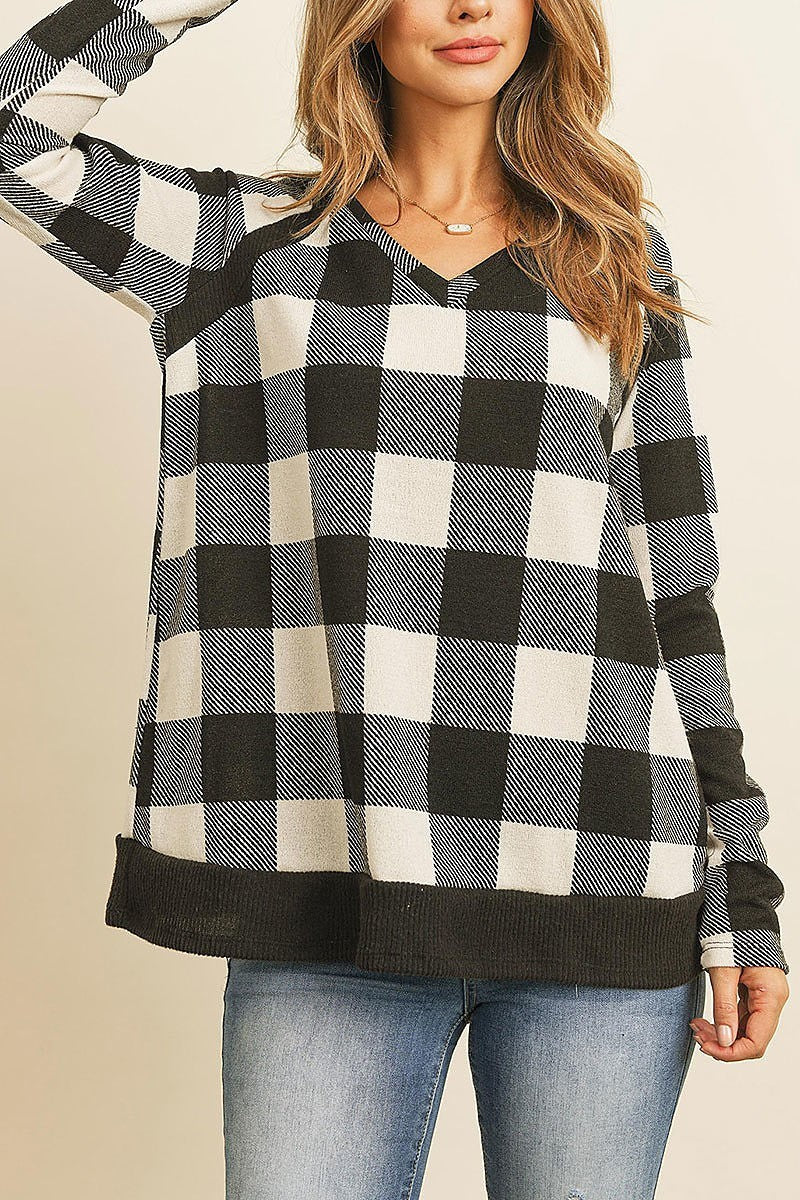 Checker plaid v neck long sleeve top (ED8092)