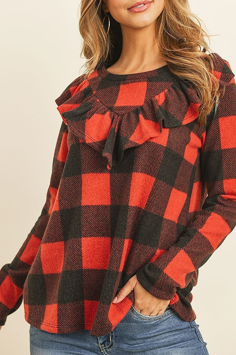 Brushed plaid ruffle detail long sleeve top (EF7893)