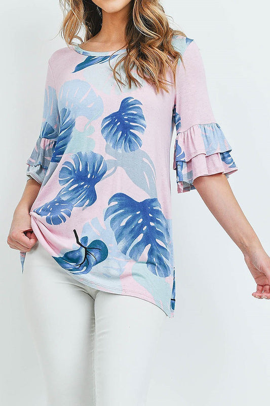 Bell sleeve leaves print tunic blouse top (ED8880-2)