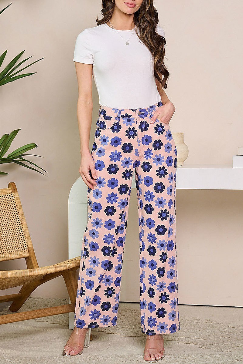 Button closure wide leg floral denim pants (EFWT6131)