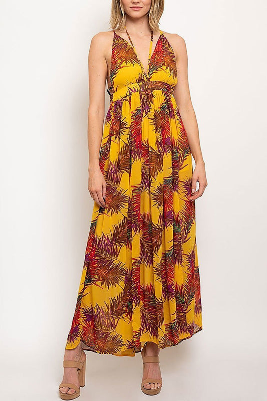 Leaf print open back loose fit maxi dress (EDWT2384)