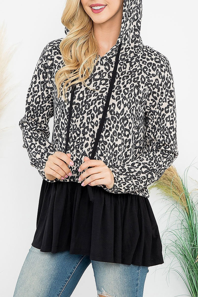 Solid hem animal print hoodie top (EF7033)