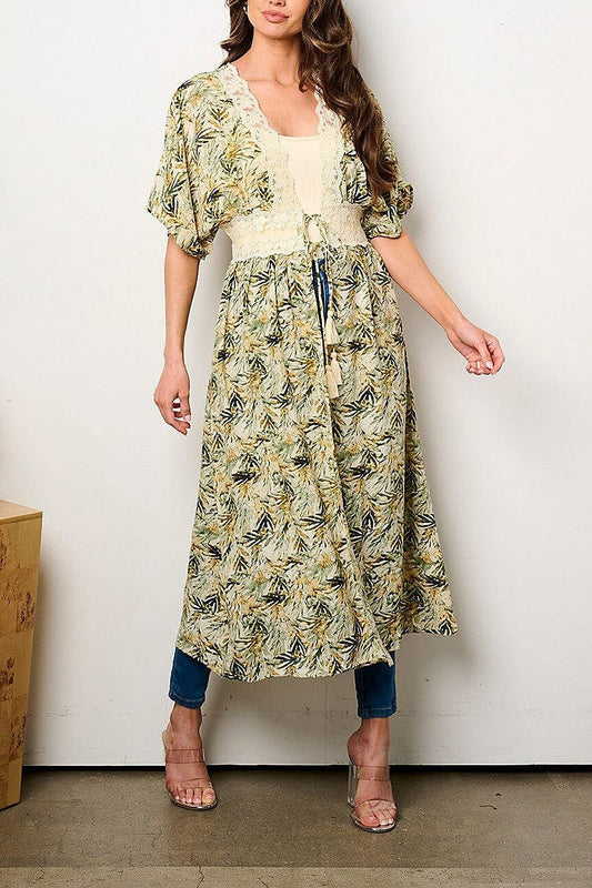 Short sleeve open front floral print kimono (EFWT8852)