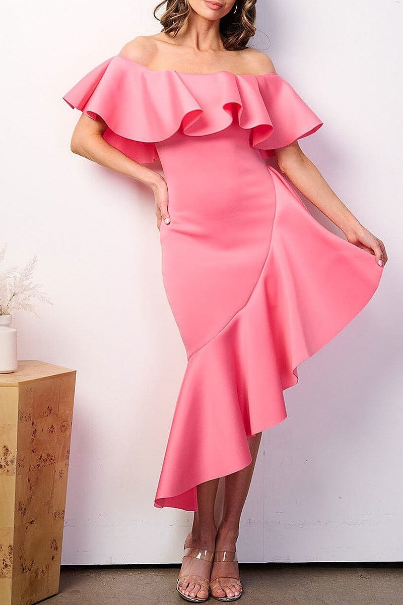 Off shoulder ruffle bandage high-low midi dress (EFWT8508)