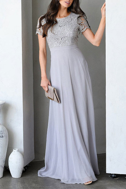 Short sleeve lace detailed open back gown maxi dress (EDWT9316)