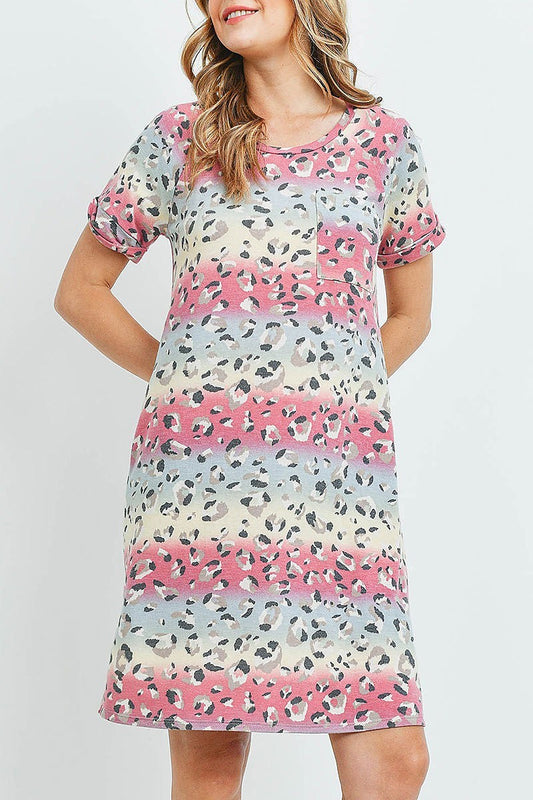 Leopard short sleeves pocket dress with side slit (DED6187)