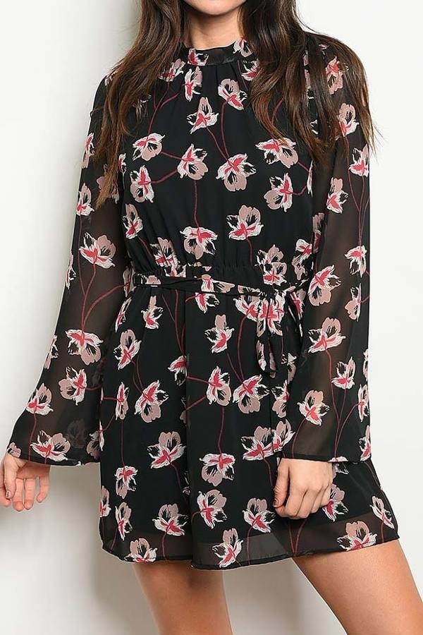 Mock neck with ruched detail floral print sheer bell sleeve dress (DGD7341-2020)