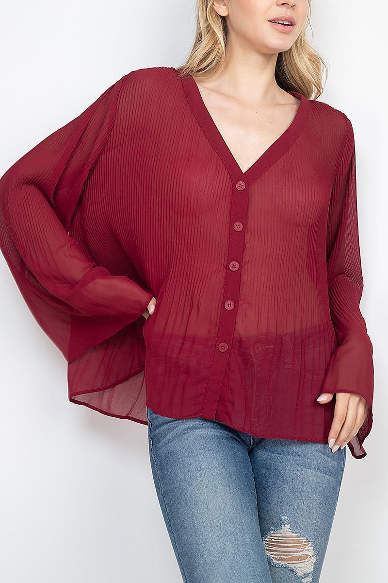 V neck pleated button front sheer top (ED7937-1)