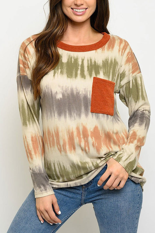 Tie dye front pocket long sleeve top (EDWT3073)