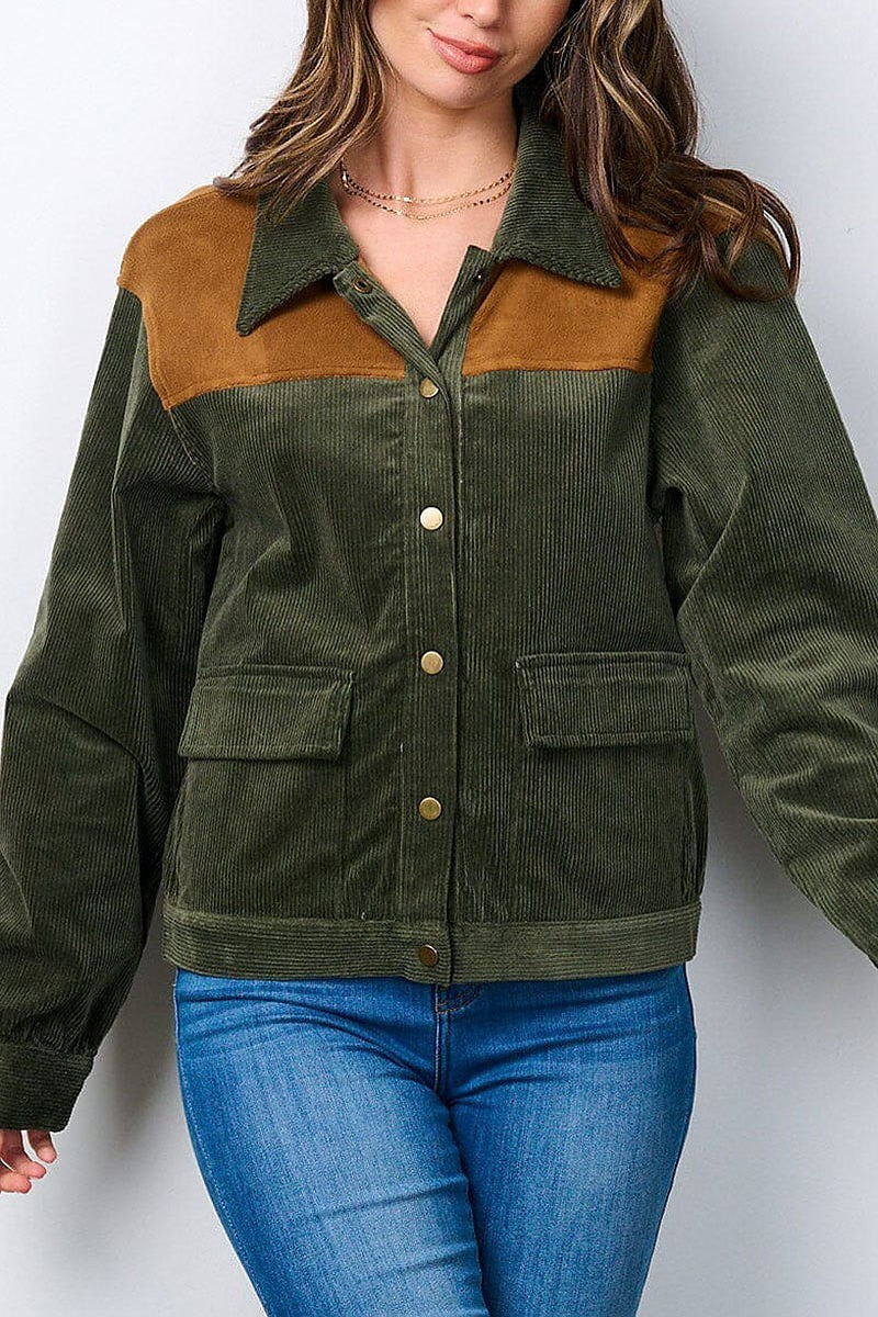 Button closure corduroy colorblock jacket (EFWT7160)