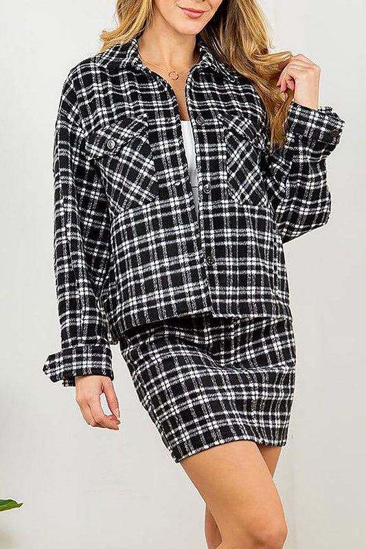 Long sleeve jacket & mini skirt 2pc. plaid set (EFWT5278-SET)