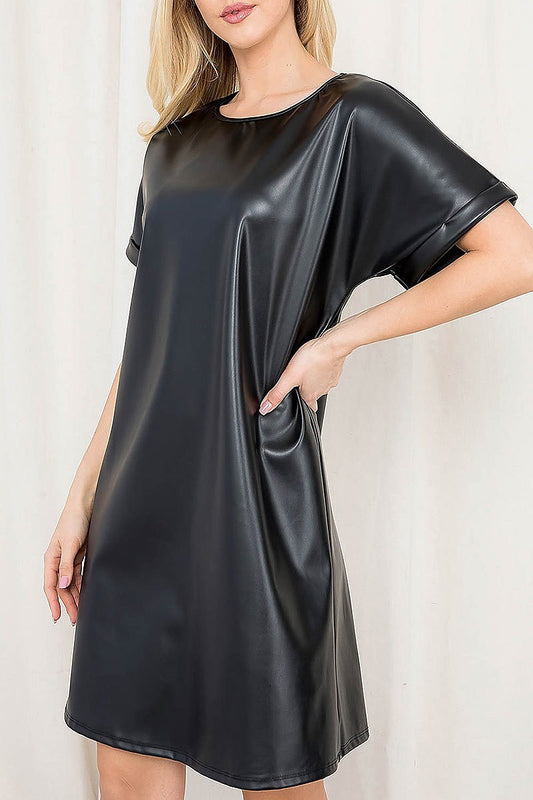 Round neck faux leather solid dress (DED7085)