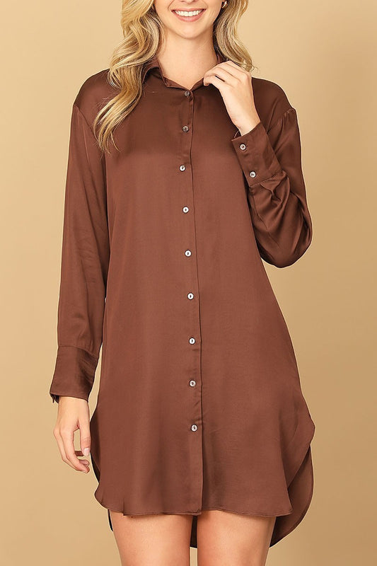 Long sleeve collared button down curve hem dress (DED9788)