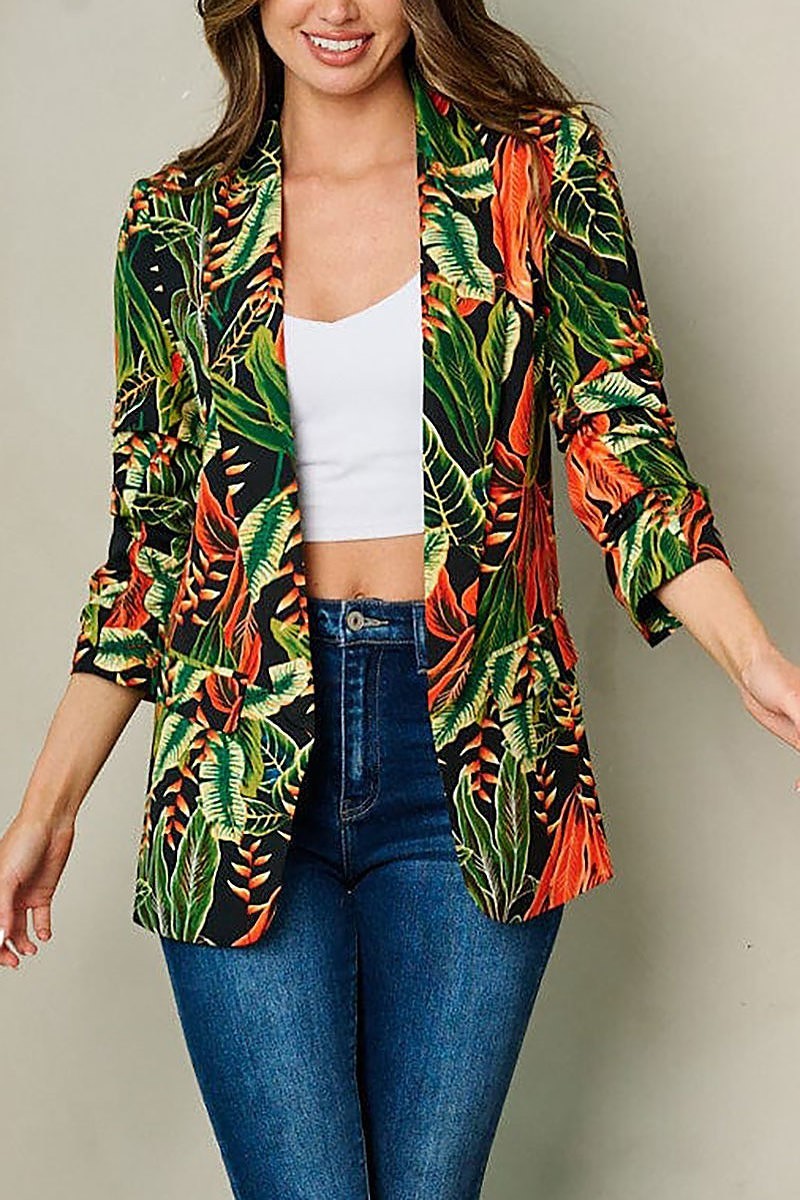 Quarter sleeve open front multi print blazer (EFWT2833)