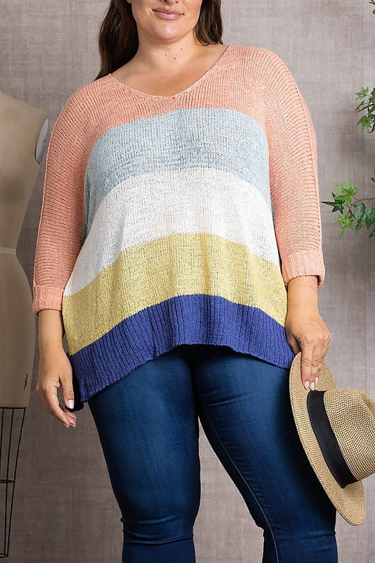 Color block folded sleeve plus size knit top (EDSW3404)