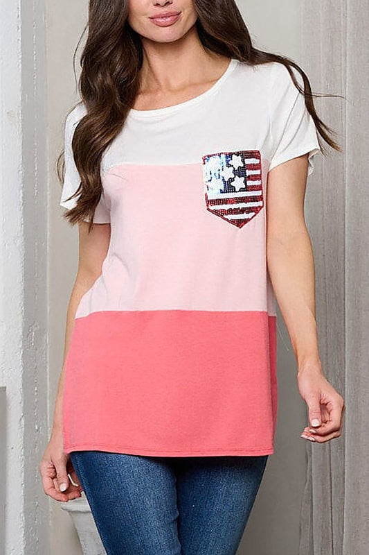 Short sleeve color block pocket flag patch top (EFWT1214)