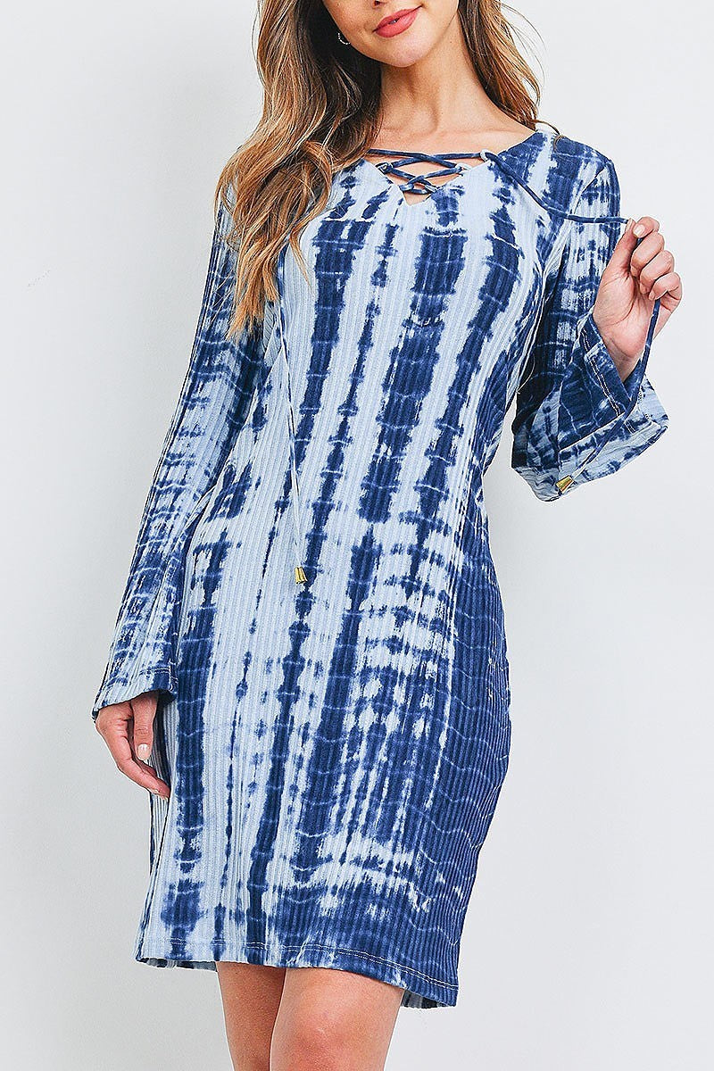 Crisscrossed neck tie dye bell sleeve dress (DED6413)