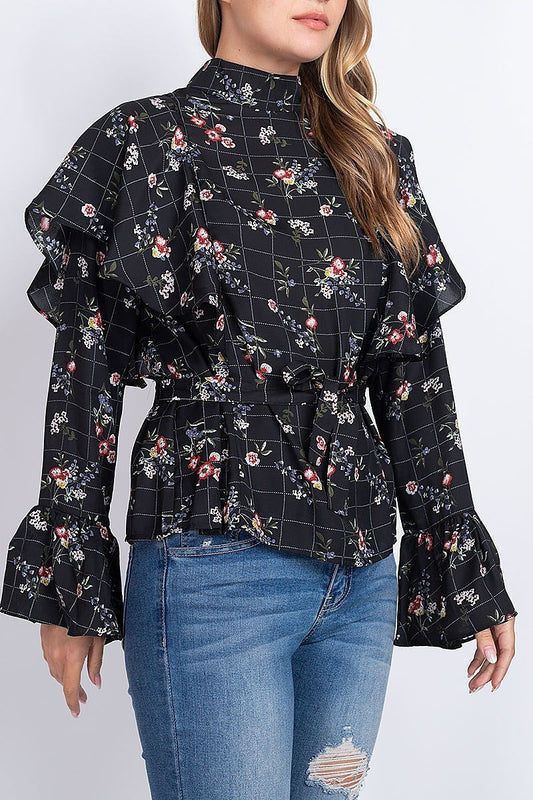 Floral plaid ruffle detail bell sleeve top (EF1916)