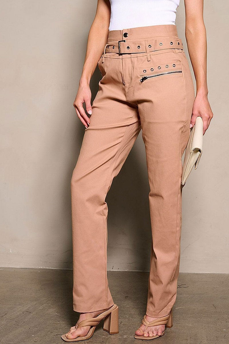 Button closure pockets belt detailed pants (EFWT9445)