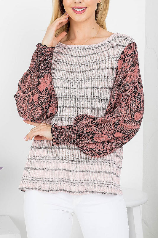 Snake print sleeve stripe body knitted top (EF4148)