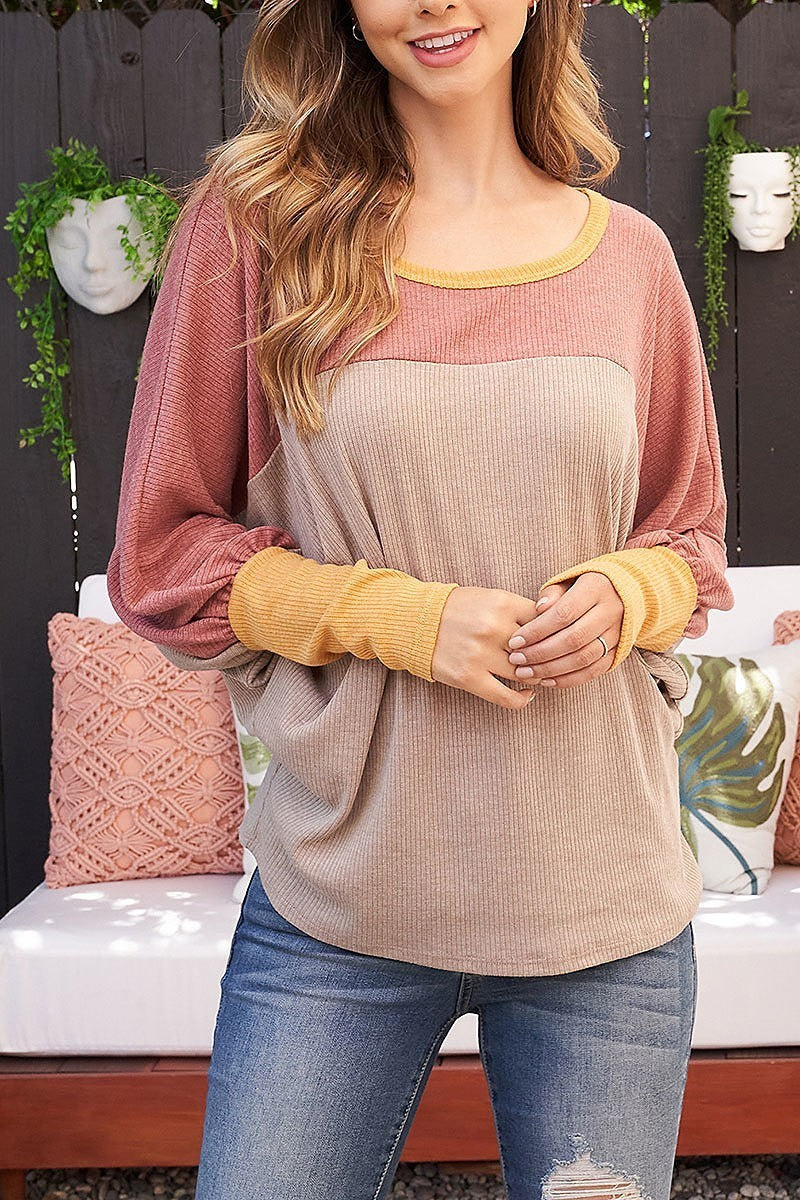 Dolman sleeve bella rib contrast top (EF2163)