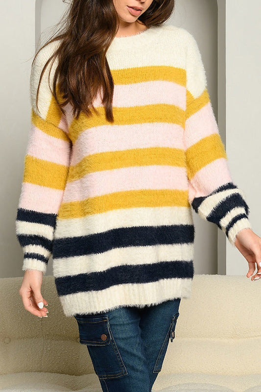 Soft fuzzy oversized color block sweater (EDWT4763)