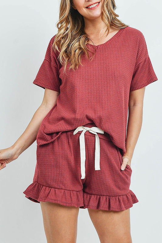 Waffle top and shorts set with self tie (ED9247)