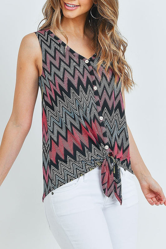 Waist tie button front chevron print top (ED8537-F2RA2)