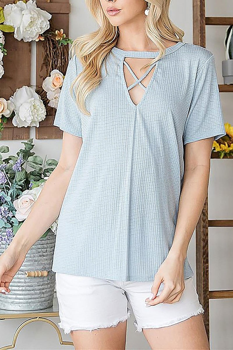 Criss cross keyhole detail shortsleeve top (EF6118)