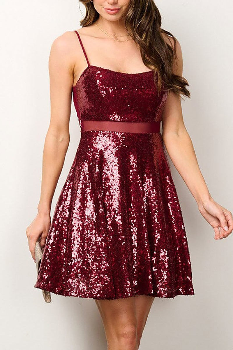 Sleeveless mesh detailed sequins fit & flare dress (EFWT6960)