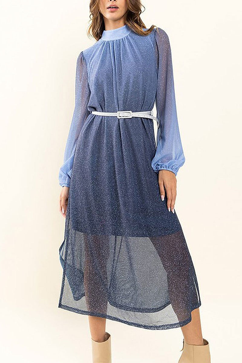 Long sleeve mock neck belted shimmer maxi dress (EFWT8743)