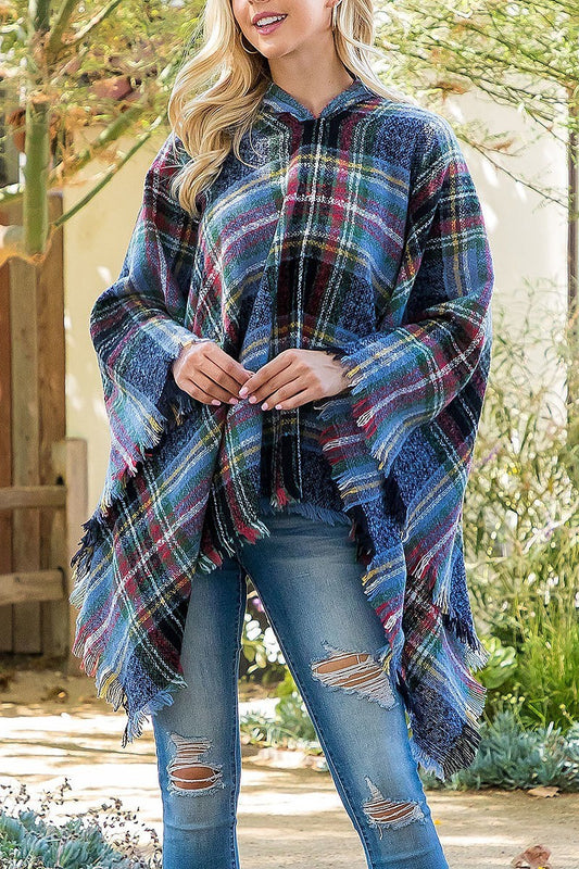 Warmer knitted plaid hooded poncho (DGS5852)