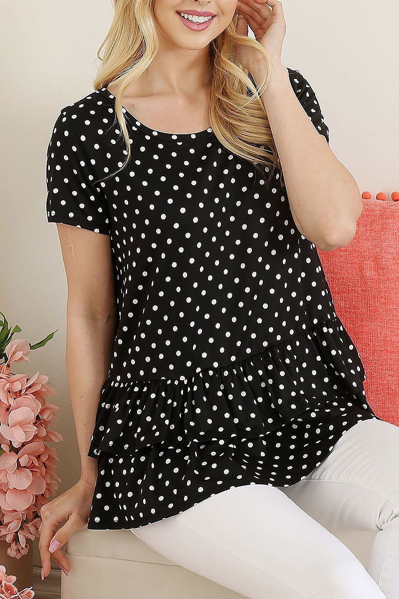 Polka dot ruffle hem short sleeve top (ET5621)