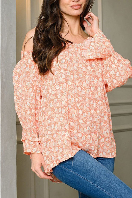 Long puff sleeve off shoulder floral tunic top (EDWT9071)