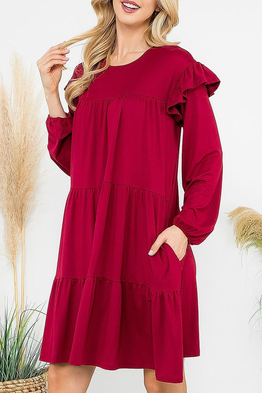 Long sleeve ruffle detail solid dress (DED8851-2)