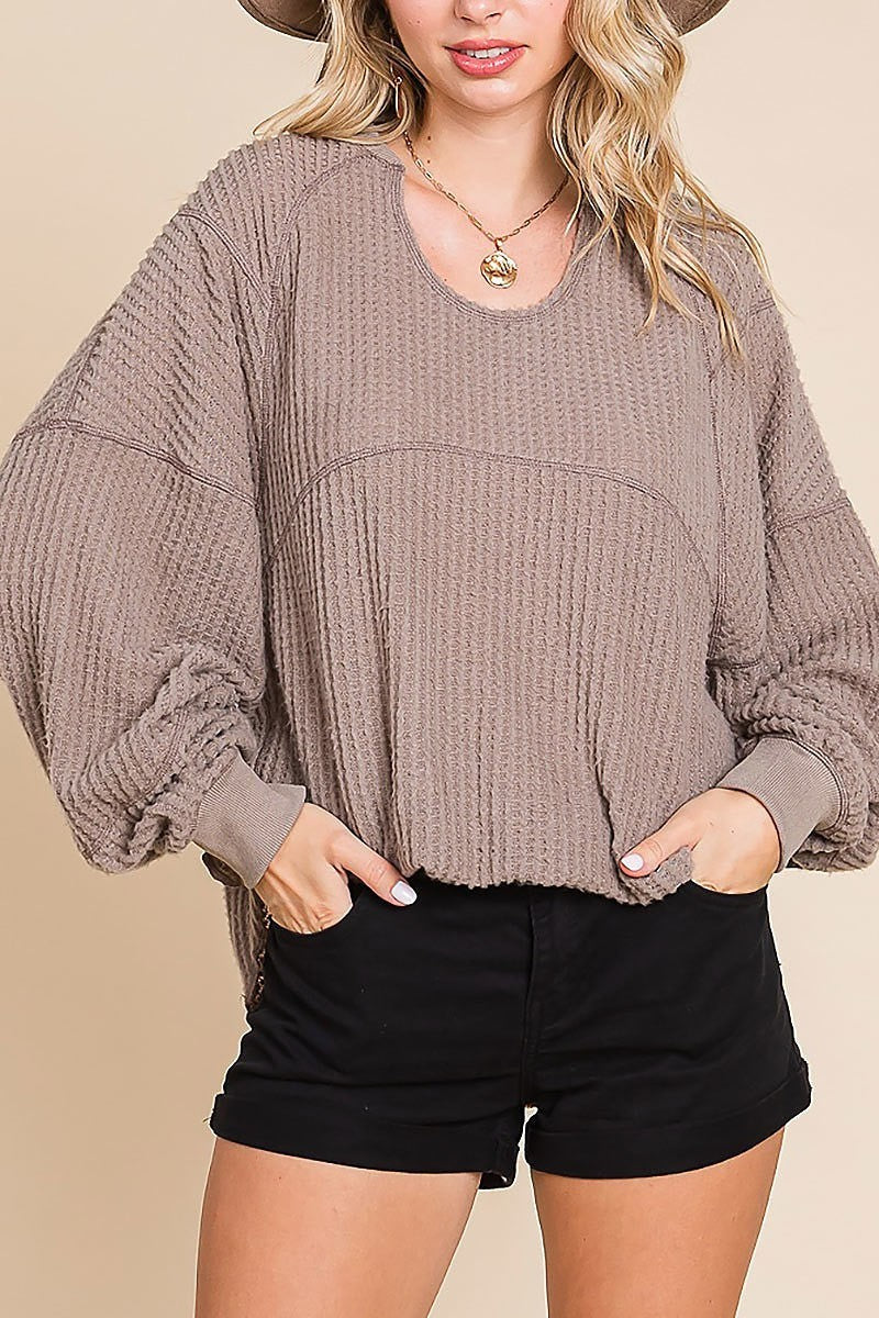 Blushed waffle out-stitching hemming pullover (EDH1829)