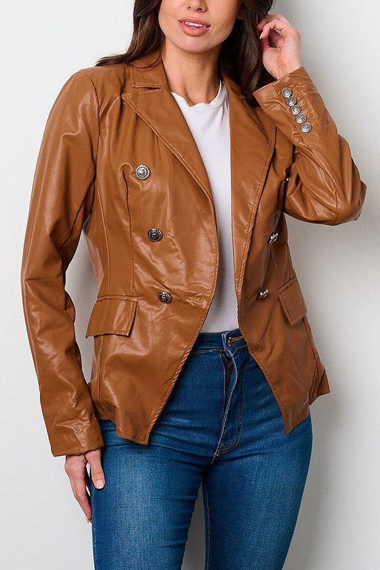 Button closure pockets pu pleather jacket (EFWT9057)