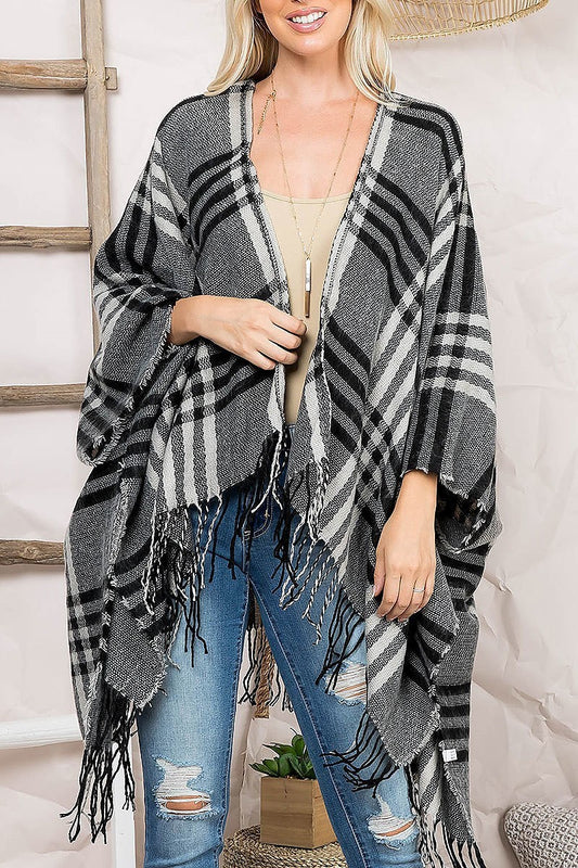 Plaid open front fringe ruana kimono (DGS5471)