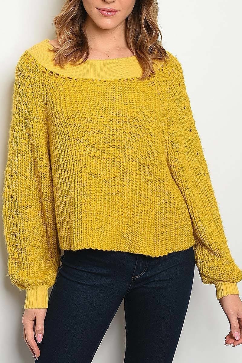 Ribbed band detail round neck puff sleeve sweater (DGS3911)