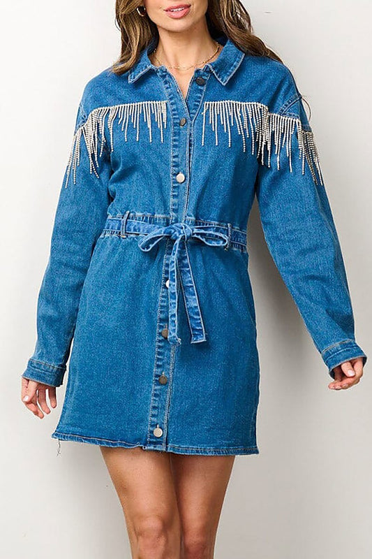 Button up tassel studs detailed denim mini dress (EFWT6873)