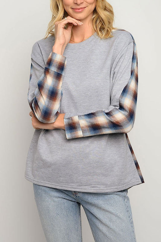 Long sleeve plaid contrast top (EDWT3410)