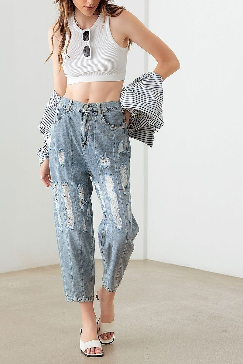 Barrel leg high waist distressed pants (TED2967)