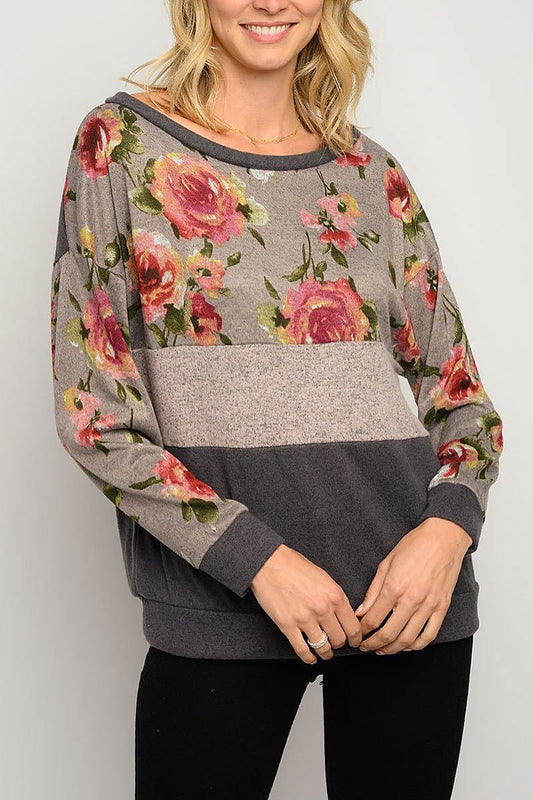 Long sleeve floral color block top (EDWT3260)