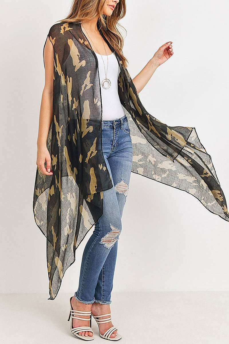 Knee length camouflage open front kimono vest (DGS5177)